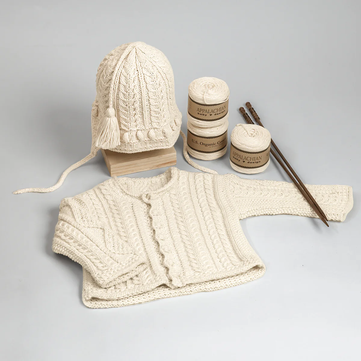 WBN Collection Aran Baby Cotton Cardigan and Earflap Hat Kit - Image 2